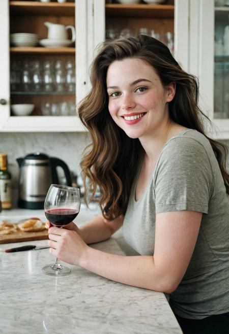Film photograph taken in a nice suburban kitchen. Liv sits at the counter with a carafe of red line  and a stemless wine glass.
LIV is an Adorable 45 year old woman. long brown hair parted sharply in the center, up in a messy ponytail, flowing down past shoulders. Italian heritage, resembling TYLER, LIV. smooth pale skin with makeup. thin trimmed Penciled eyebrows. thin lips, slight underbite and big chin and chubby cheeks, high cheekbones, rectangular shaped face, thicker neck, wide jaw. Dark cateye eyeliner and a few light freckles. 5 foot 3 inches tall and 200 pounds, thicker neck, full breasts with cleavage, high cheekbones, wide round nose. dark brownish Green eyes, bright smile showing gums. Thigh gap. Soft tummy