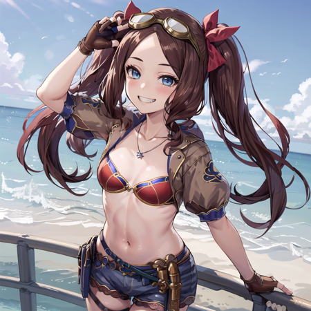 leonardo_da_vinci_ruler a photo a female anime character leaning on a railing by the beach, 1girl, forehead, leonardo da vinci (fate), shrug (clothing), brown gloves, smile, breasts, fingerless gloves, gloves, bangs, twintails, necklace, long hair, bikini, swimsuit, blue eyes, hair ribbon, shorts, brown hair, parted bangs, red bikini, ribbon, looking at viewer, small breasts, goggles, puffy short sleeves, beach, jewelry, blue shorts, puffy sleeves, short sleeves, collarbone, grin, red ribbon, thighs, short shorts, solo, sidelocks, blush, bikini top only