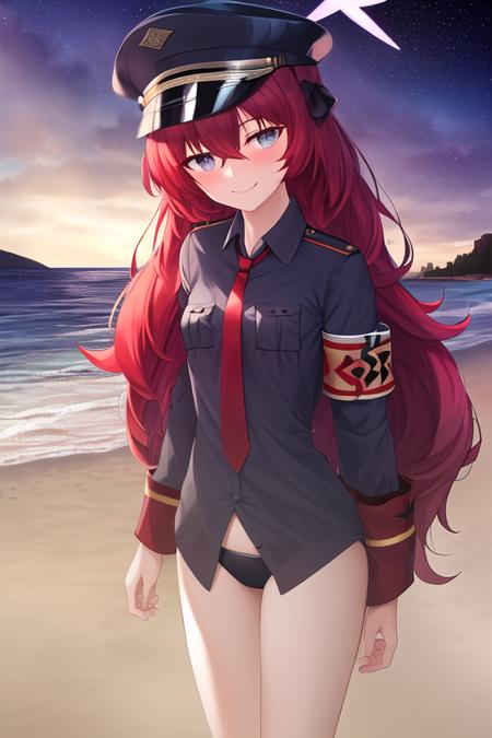 masterpiece, best quality, highres, solo, {night:1.10}, {starry sky:1.10}, beach, beautiful detailed sky, {extremely detailed background:1.20}, mature, {iroha_bluearchive:1.10}, long_hair, red_hair, halo, hat, bangs, blush, peaked_cap, hair_between_eyes, very_long_hair, military_hat, black_headwear, grey_eyes, necktie, red_necktie, military, smile, armband, breasts, small_breasts, {standing:1.10}, looking at viewer, {bikini:1.30}, light smile