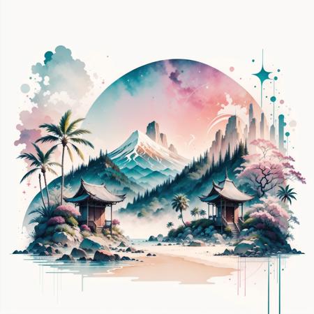 Tropical Island, Beach, moon top right, stars, Camp fire, pink clouds, white background, scenery, ink, ocean, water, palm trees, watercolor,  <lora:ink-0.1-3-b28-bf16-D128-A1-1-ep64-768-DAdaptation-cosine:1>
