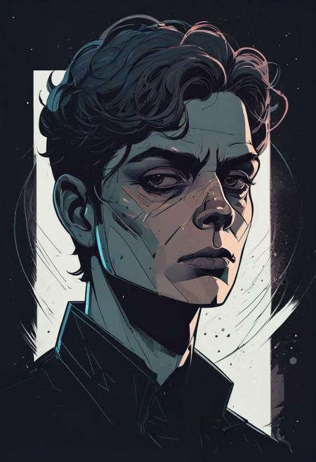 portrait, character, graphic style of drawing comics, dark space colour palette, vector illustration, muted colors, delicate details, high detailed, moody, badass