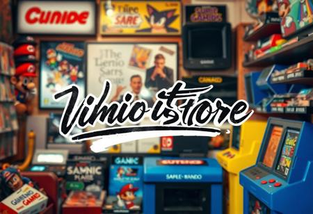 LOGO WRITE cintage video game store mario sonic lot of video ame in background