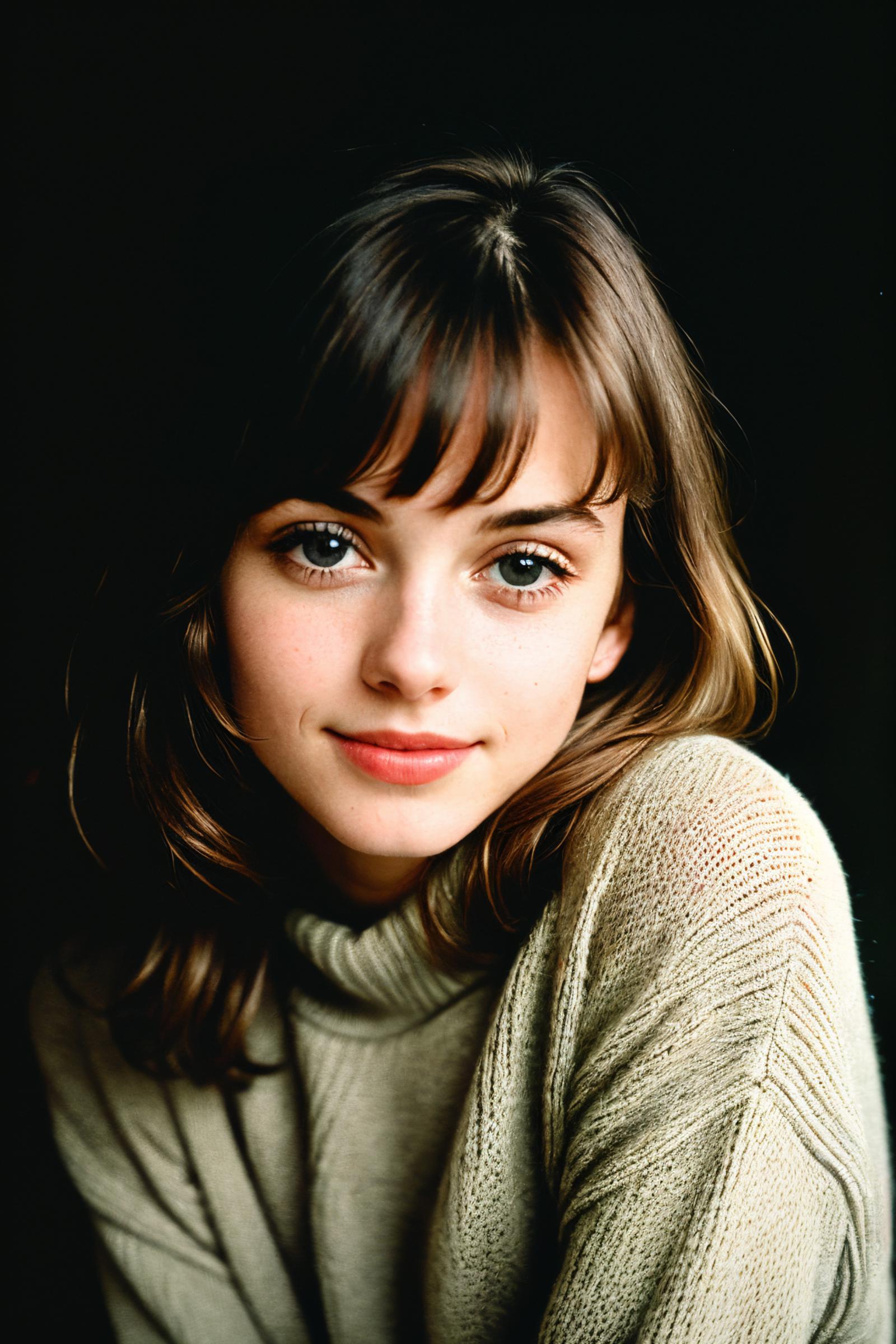 A woman with long brown hair wearing a grey sweater.