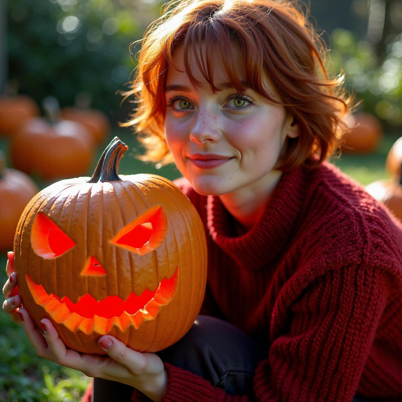 The photograph in question is a stunning production still, capturing a young woman with short red hair, dressed in a textured red wool sweater, sitting in a London garden during a sunny Halloween day.  She is holding a terrifying-looking carved pumpkin, with a red glowing from inside, in her hand.  The photograph is shot on 35mm film, providing a timeless and classic quality to the image. The lens used is sharp, rendering every detail of the scene with crisp clarity.
The photograph is taken from a low angle, looking up at the subject, creating a sense of intimacy and vulnerability. The close-up shot focuses on the subject's face and upper body, with a side profile view that showcases her candid smile and the warmth in her expressive eyes. Her green eyes are the focal point of the image, catching the light in a way that is both appealing and alluring.
The garden surrounding the subject is daytime autumn garden, with carved pumpkin all around, providing a natural and organic backdrop to the scene. The sunlight filters through the garden, casting a warm and inviting light on the subject's face. The professional lighting and color grading of the photograph enhance the clean and sharp film look, with even lighting that highlights the subject's light freckles, natural skin imperfections, and visible skin pores.
Overall, the photograph is a beautiful and evocative image that captures the spirit and personality of the young woman in a candid and authentic way. The combination of the 35mm film, sharp lens, low angle, and close-up shot creates a stunning visual that is both timeless and modern, making it a perfect production still for a movie.