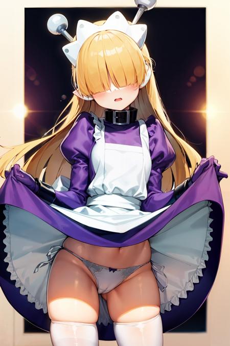 masterpiece, best quality, <lora:TesseLombrozo:1>,1girl, ,hair over eyes, solo,blonde hair, dress, long hair, clothes lift, thighhighs, collar, dress lift, white thighhighs,maid headdress, bangs, navel, doll joints, juliet sleeves, puffy sleeves, blunt bangs, purple dress, lifted by self, android, blush, long sleeves,panties, apron, maid, head tilt, breasts,  gloves, robot ears, groin, pointy ears, cowboy shot, pussy, covered eyes