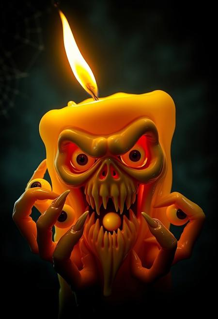 A hyper-stylized image of the scary candle face, a twisted, nightmarish figure with a face of horror carved into the wax. The candle's wick is lit, casting a flickering, eerie glow over the distorted, melting wax. Random eyeballs, embedded within the candle's wax, begin to rise to the surface, like bubbles in a cauldron. The eyes are a milky white, with pupils that seem to be staring out into the darkness. The face is a grotesque, exaggerated visage, with a screaming mouth and bulging, bloodshot eyes. The wax is melting and distorting, forming long, twisted limbs that seem to be reaching out like grasping fingers. The background is a dark, foreboding night sky, with a subtle, textured pattern of cobwebs and shadows, adding to the overall sense of creepiness and dread. The overall effect is one of eerie, unsettling horror, as if the candle is a malevolent, supernatural entity come to life. highest-Quality, intricate details, visually stunning, Masterpiece