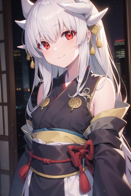 kiyohime, <lora:kiyohime-lora-nochekaiser:1>,
kiyohime, white hair, dragon girl, dragon horns, horns, long hair, (red eyes:1.5), smile, (small breast:1.2),
BREAK japanese clothes, obi, sash, thighhighs, wide sleeves, yukata,
BREAK looking at viewer,
BREAK indoors,
BREAK <lyco:GoodHands-beta2:1>, (masterpiece:1.2), best quality, high resolution, unity 8k wallpaper, (illustration:0.8), (beautiful detailed eyes:1.6), extremely detailed face, perfect lighting, extremely detailed CG, (perfect hands, perfect anatomy),