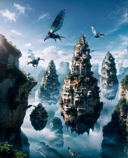 cinematic photo  <lora:quiron_LegendaryLandscapes_v1_Lora:0.87> LegLandscapesQuiron, legendary landscapes by quiron, landscapesquiron, realistic, scenery, landscape, nature,   , waterfall , intricate artwork masterpiece, impressive, stunning, a city floating on clouds,  flying creatures, , Sunken City, . 35mm photograph, film, bokeh, professional, 4k, highly detailed