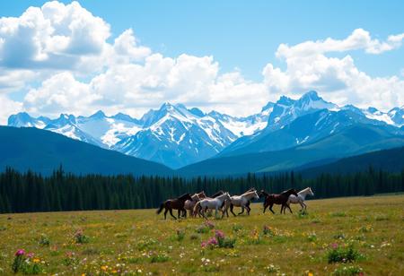 Majestic nature. Mountains in the distance. A plain with flowers blooming here and there in the foreground. A forest in the middle. Blue sky. Clouds. A herd of galloping horses.
dynamic angle.