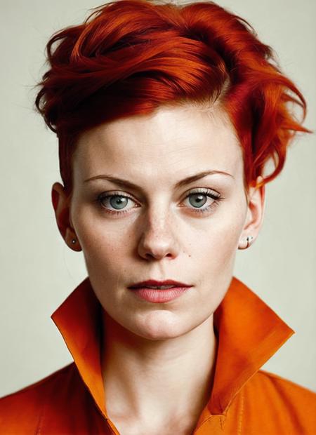 portrait of sks woman by Flora Borsi, style by Flora Borsi, bold, bright colours, orange Mohawk haircut, ((Flora Borsi)), <lora:locon_cassidy_v1_from_v1_64_32:1.3>