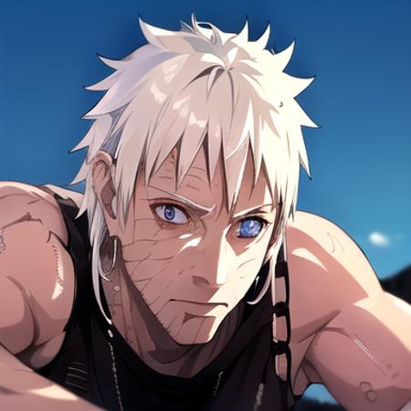 <lora:Obito_anime-10:1>(masterpiece, best quality, high quality, highres, ultra-detailed),  masterpiece, best quality, 1boy, long white hair, blue eyes, red crop top, black shorts, mesh undershirt, happy, big earrings,