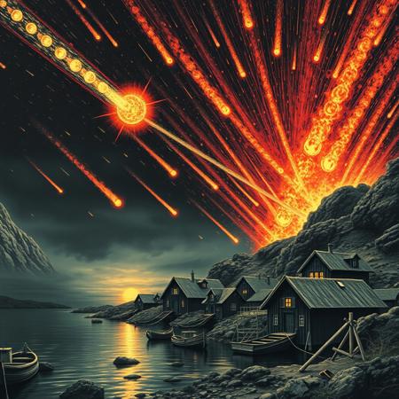 Black metal album art titled DOOMEDAG featuring a small typical norwegian fishing village by a fjord duringa meteor shower with burning meteors falling everywhere from the sky, doomsday, catastrophe, doom metal art