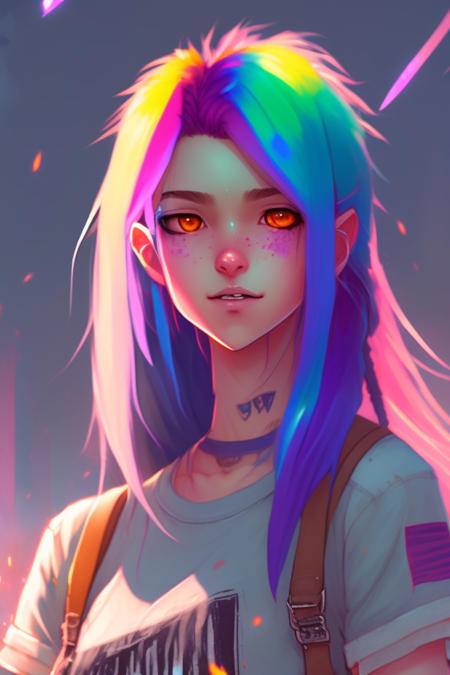 a girl with rainbow hair, happy, soft eyes and narrow chin, dainty figure, long hair straight down, torn kawaii shirt and baggy jeans, In style of by Jordan Grimmer and greg rutkowski, crisp lines
