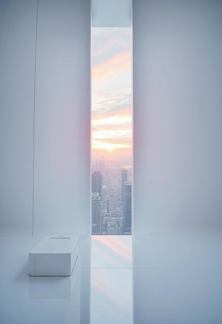 A fleeting sunrise seen through a narrow, frosted slit in the glossy, stark-white composite wall of an ultra-futuristic, dystopian megatower. For a single second, the sun’s radiant, pearlescent-orange rays stream in, casting an otherworldly glow across the pristine, all-white interior filled with pulsating quantum displays, sleek levitating panels, and softly whirring tech nodes. Beyond the slit, a sprawling, hyper-advanced cityscape stretches out with shimmering, translucent skyscrapers and glowing energy grids silhouetted against a sky streaked with iridescent pink and lavender hues. The brief sunlight reflects off the polished white surfaces inside, amplifying the contrast between the sterile, high-tech environment and the ephemeral beauty of the sunrise, before shadows return.