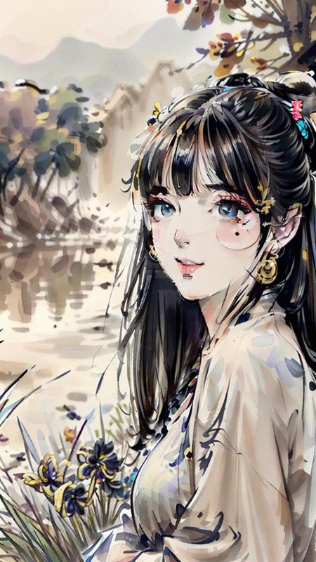 traditional chinese ink painting<lora:Moxin_10:0.7>,flower,butterfly, grass,dawn,near the lake,waterfall, trees,
shukezouma<lora:Shukezouma-1.1:0.3>,Nova,1girl.solo,wearing hanfu, more cloth,breasts,sexy attire, perfect body, jewelry and necklace,[((correct fingers,beautiful hands))], earrings,happy, grin, (blush|cute and playful|adorable|skinny|thick bangs|beauty|twintail|short hair|hair bun,),
[(full body,from everywhere,from below)],
(ultra high res,photorealistic,realistic,best quality,photo-realistic), (high detailed skin,visible pores),(real person,photograph),realistic,, (8k, raw photo, best quality, masterpiece),photon mapping, radiosity, physically-based rendering,automatic white balance,watery eyes, (looking at viewer),(irises and pupils are rounded,the pupil reflects the surroundings,eyes are not the same size),