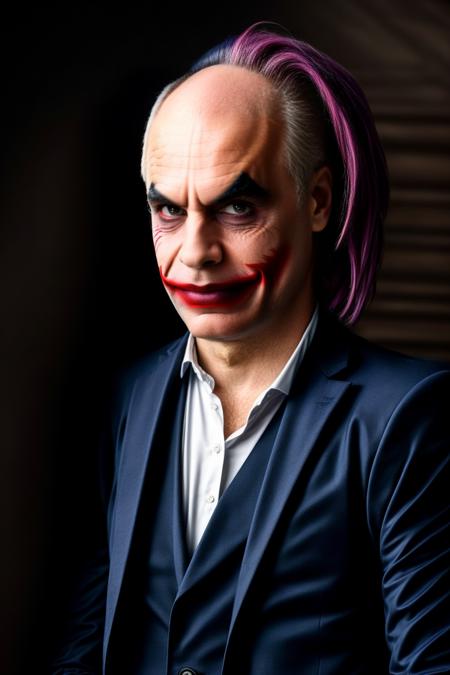 sks man, (larr3ta:1)  dressed like (The Joker:1) with (serious look:1.5) with multicolor hair looking to the camera, <lora:add_detail:1>  <lyco:locon_perfecteyes_v1_from_v1_64_32:0.5> <lora:larr3ta-10:1>