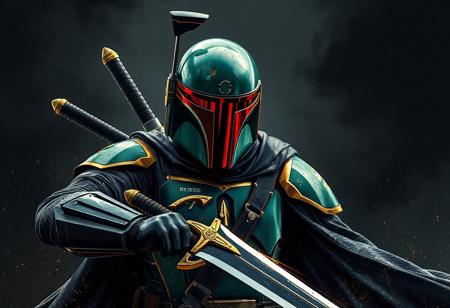 Mirror Swordknight Boba Fett, green & black armor, gold accents, black helmet, red visor, katana. Black magic ritual background. Dynamic action pose, intense stance. Splash ink illustration, octane render, Unreal Engine 5, Raphael style, Houdini style, cinematic lighting, CGSociety, trending on Artstation, golden ratio, 4k, high-res, exceptional quality, lifelike details, super detailed face, beautiful detailed eyes.