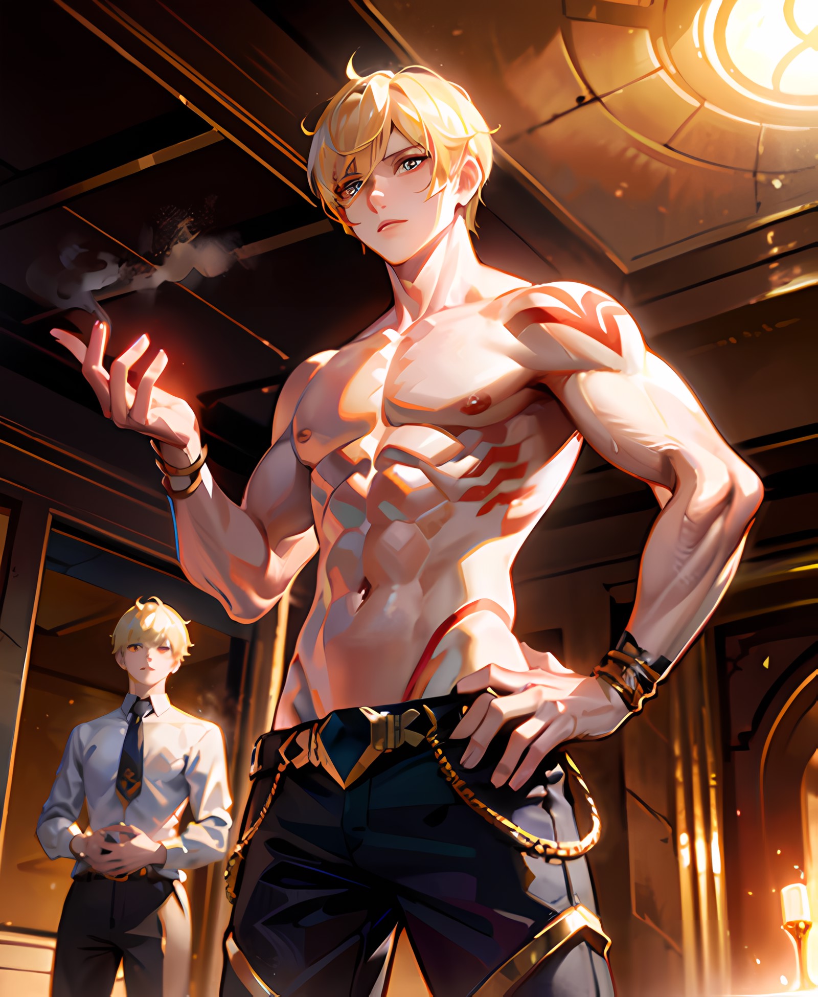 contrapposto, steam,looking away,(finely detailed beautiful eyes: 1.2),beautiful detailed nose, gilgamesh, 1boy, blond sho...