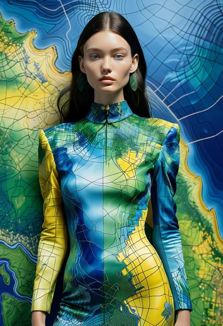 A photograph captures a caucasian model adorned with a dress that resembles a topographical map of the Earth. The attire combines numerous shades of blue, green, and yellow to represent water, vegetation, and urban regions. The dress features a grid pattern on the shoulders and arms. The model's hair and eyes are accentuated with gleaming patterns. The backdrop is dark and enigmatic.