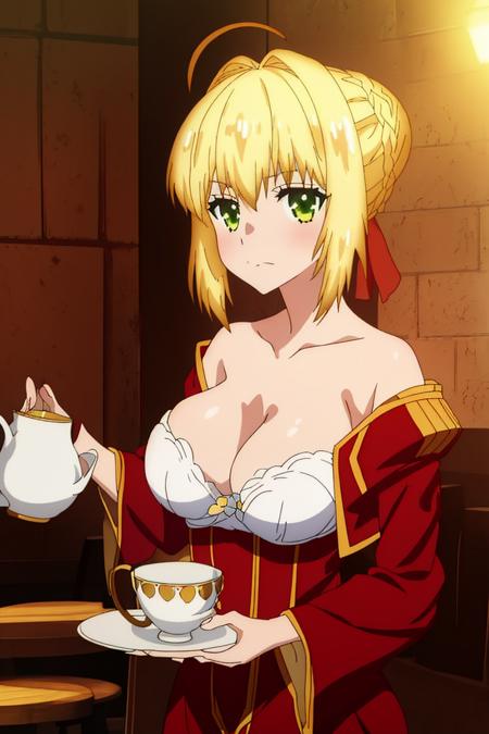 <lora:last_encore_512:1.0>,
masterpiece,best quality,1girl,solo,fxle_anime,nero,blonde hair,large breasts,
long dress,red dress,cleavage,white bra,long sleeves,nice hand,good hand,holding cup of tea