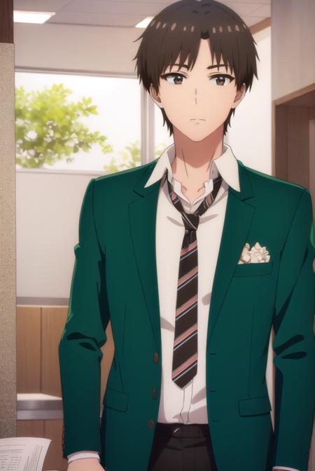 junichiroukubota, <lora:junichirou kubota s1-lora-nochekaiser:1>,
junichirou kubota, short hair, bangs, brown hair, (brown eyes:1.5), male focus,
BREAK shirt, long sleeves, school uniform, jacket, white shirt, open clothes, necktie, collared shirt, pants, open jacket, black pants, blazer, red necktie, (green jacket:1.5), brown pants,
BREAK indoors, classroom,
BREAK looking at viewer, (cowboy shot:1.5),
BREAK <lyco:GoodHands-beta2:1>, (masterpiece:1.2), best quality, high resolution, unity 8k wallpaper, (illustration:0.8), (beautiful detailed eyes:1.6), extremely detailed face, perfect lighting, extremely detailed CG, (perfect hands, perfect anatomy),