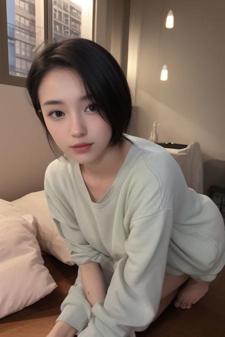 29 yo girl, Korean beauty, short hair, brunette, close-up, girl next door, baggy clothes, night, interior,