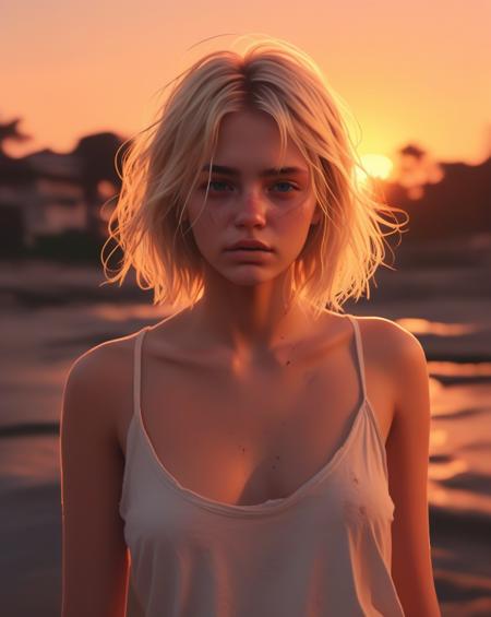a solitary beautiful blonde girl,messy wob cut, set against a sunset time background, illustration style, aesthetic, best quality