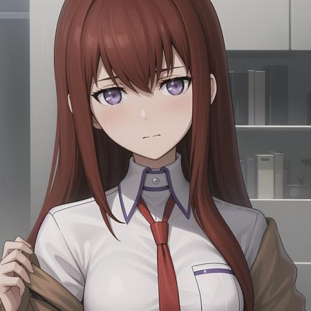 <lora:makise_kurisu:0.5>,((masterpiece,best quality,ultra detailed,8k)),brown_hair,collared_shirt,jacket,long_sleeves,makise_kurisu,standing,red_necktie,solo,1girl,white_shirt,perfect face,red_hair,purple_eyes,((blush)),upper body,(close_mouth)