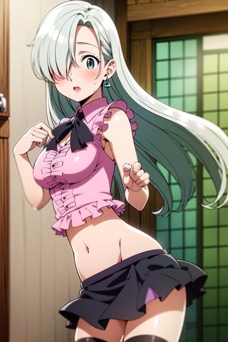 1girl, black_legwear, black_skirt, blush, earrings, flying_sweatdrops, frills, hair_over_one_eye, jewelry, long_hair, looking_at_viewer, midriff, open_mouth, pink_shirt, silver_hair, single_thighhigh, skirt, solo, thighhighs, very_long_hair