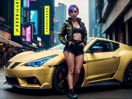 (((full body:1.3))), a young_woman,(cyberpunk clothes), (((posing near cyberpunk sports car))), short hair, Photorealistic, Hyperrealistic, Hyperdetailed, analog style, detailed skin, matte skin, soft lighting, subsurface scattering, realistic, heavy shadow, masterpiece, best quality, ultra realistic, 8k, golden ratio, Intricate, High Detail, film photography, soft focus, RAW candid cinema, 16mm, color graded portra 400 film, remarkable color, ultra realistic, textured skin, remarkable detailed pupils, realistic dull skin noise, visible skin detail, skin fuzz, dry skin, shot with cinematic camera