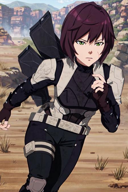 mei_pacific scar on face, purple hair, scar, green eyes, short hair, brown hair gloves, boots, belt, fingerless gloves, armor, bodysuit, armored boots, knee pads, 