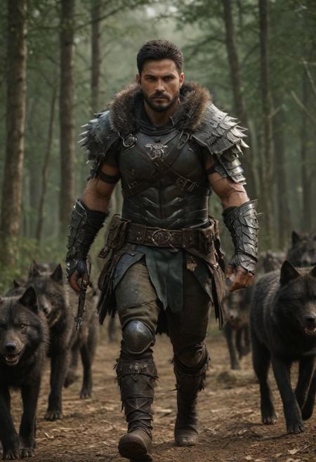 battle shot, human druid wearing leather armor running with his pack of black wolves, (full body:1.0), symmetrical face, focus on body, wide view, 1boy, black hair, very attractive, olive skin, warrior, muscular, short hair, short full black beard, strong jaw line, long square chin, 28 years old, handsome, attractive rugged, sexy features, kind eyes, dark green eyes, tall, Camera: (EE 70mm lens:1.1), Shot: full view, Cinematic, Cinematic Lighting, ultra HD, 8k, best quality, super complex details, hyper detailed, expressive, award winning, (ultra realistic), textured skin, sharp focus, photo realistic, 4k, natural, global illumination, <lora:JuggerCineXL2:1.0>, <lora:add-detail-xl:1>, <lora:xl_more_art-full_v1:1>
