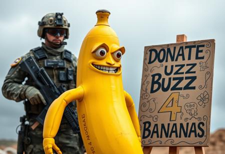 A highly detailed, full-figure real-life Marine Corps perfect soldier, standing still in a strong, disciplined stance. The soldier is fully equipped with modern, advanced weaponry and tactical gear, ready for action, displaying intense focus. In front of them stands a 2-meter-tall anthropomorphic yellow banana with human-like limbs, expressive eyes, and a mischievous grin, creating a surreal juxtaposition. Next to the banana is a cool, intricately detailed cardboard sign with complex designs that reads, ‘Donate Buzz 4 Bananas,’ featuring creative typography and artistic elements. The scene is rich in texture and contrast, blending the serious military theme with absurd humor.
