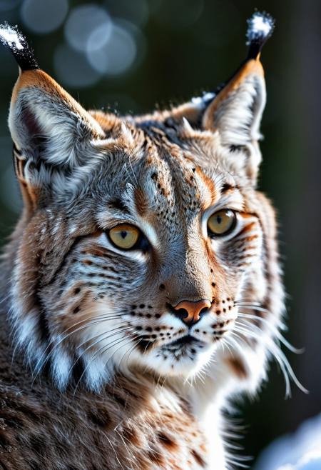 portrait, masterpiece, 4k, ray tracing, intricate details, highly detailed, hyper realistic, 8k RAW editorial photo.
an adorable lynx , head with a tilt and a slight blink. The lynx is feathers should be soft and fluffy, the background should be a  snowy forest, dramatic light, shallow depth of field, high budget,