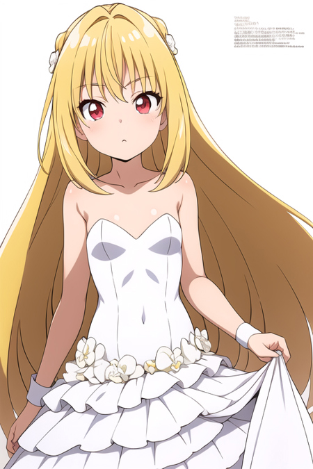  blonde hair, long hair, red eyes, flat chest,    white dress  sleeveless strapless skirt , outstretched ,