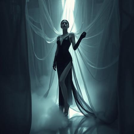 noble norvegian femme fatal lady  posing standing wearing evening GLOSSY THIN BLACK  slime high slit gown, GLOVES  and high heels,   entrapped in  giant long waving  ultrathin transparent fisnet veils, surrounded by  fog from the floor, captured in light beam from celling,  breeding chamber,  ultrathin waisym reminiscent of H.R. Giger, Zdzisław Beksinski, and Ash Thorp's dark, sleek styles, with close-up glamour photography, glossy satin and silver heels glistening, fleshy slime dripping, and dark shadows.
