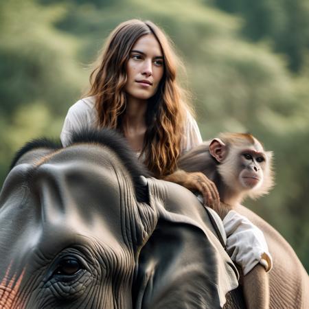 <lora:alexachung_xl_lora_25:1> alexachung  Stunning a close up portrait photo of a beautiful 30 y.o pale woman, brown flowing hair, goddess, sitting on a elephant, India, Monkeys everywhere, playful, wearing safari linen clothing, dusty, old world, rough, stone temple, Sunny day, (high detailed skin:1.2), 8k uhd, dslr, high quality, film grain, Fujifilm XT3