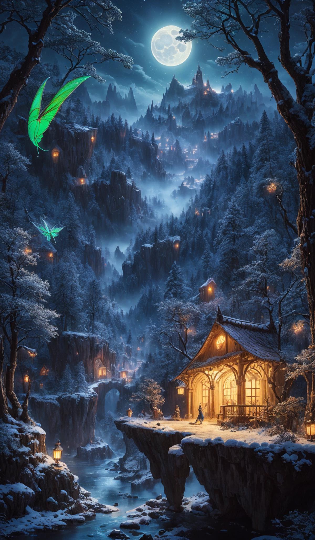 A Dreamy Winter Scene with a Snowy Cabin, Mountain, and Flying Butterflies