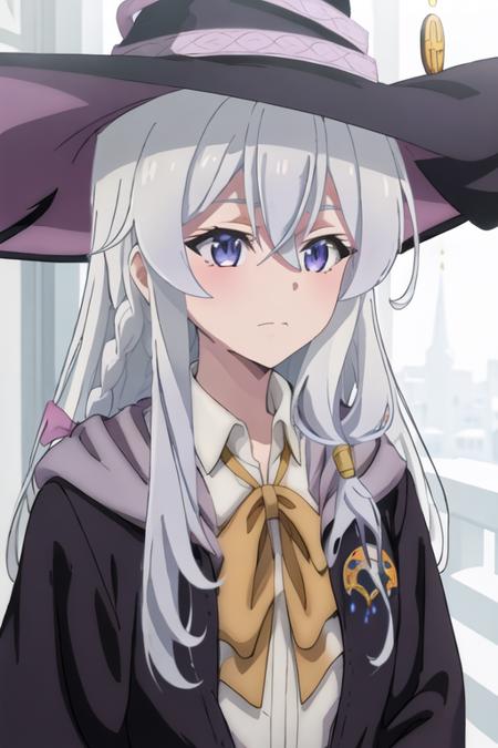 best quality, masterpiece, highres, solo, {elaina_majonotabitabi:1.15}, long_hair, bangs, hair_between_eyes, blue_eyes, closed_mouth, grey_hair, bow, white_hair, hat, witch_hat, black_headwear, purple_eyes, 1girl, collared_shirt, shirt, white_shirt, looking_at_viewer, sleeveless, sleeveless_shirt, braid, anime_coloring, bare_shoulders, portrait, ahoge, hair_bow, single_braid