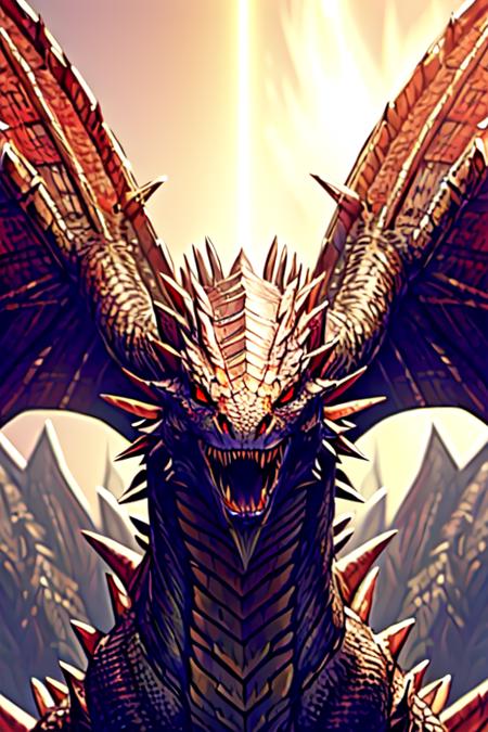 dragon, blurry background, no humans, fangs, open mouth, realistic, scales, eyes, teeth, wings, tail,  gold theme,upper body, center, cropped, <lora:Dragon_V1:1>