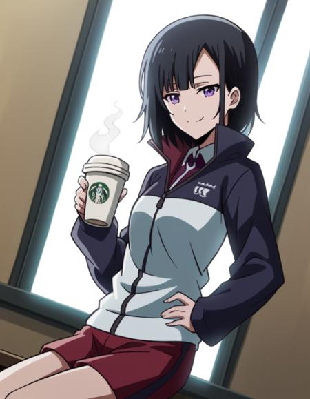 yuika shiwahime, short hair, black hair, purple eyes, shirt, jacket, necktie, shorts, sleeves past wrists, track jacket,