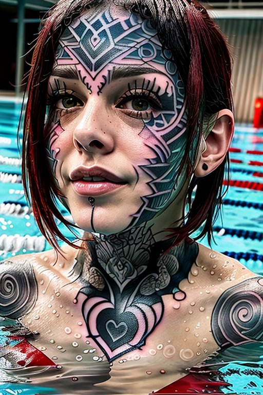 woman, huge ttattooz everywhere on her  skin   at the pool swimming in water,  huge tattoo ttattooz on complete face <lora...