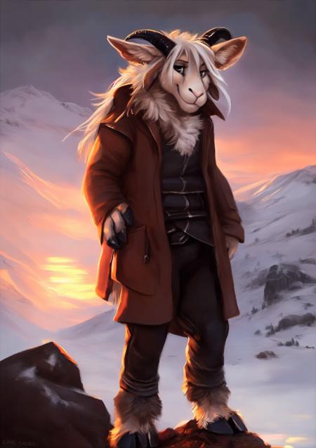 male, solo, anthro, mammal, goat, caprine, (caprine horn), 2 horns, horizontal pupils,  cloven hooves,
fully clothed, bottomwear, topwear, pants, jacket, (adventurer), hand on hip,
fur, fluffy, tuft, chest tuft, long hair, neck tuft, inner ear fluff, digitigrade,
standing, front view, looking at viewer,
(detailed background), outside, rock, sunbeam, snowy peaks, sunrise, (village:1.3),
by kenket, by darkgem, by miosha,
fully clothed, bottomwear, topwear, pants, jacket, (adventurer), hand on hip,
fur, fluffy, tuft, chest tuft, long hair, neck tuft, inner ear fluff, digitigrade,
standing, front view, looking at viewer,
(detailed background), outside, rock, sunbeam, snowy peaks, sunrise, (village:1.3),
by kenket, by darkgem, by miosha,