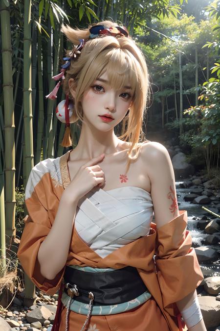 <lora:Yoimiya:0.7>, cowboy shot, yoimiya_genshin, sweet girl, 1girl, blonde hair, hair ornament, ((bandaged chest)),(sarashi),  chest tattoo, flower tattoo, arm tattoo, black sash, ((hadanugi dousa)),(single bare shoulder), (orange short kimono), upper body, outdoors, ((bamboo forest)),(creek), rock path,