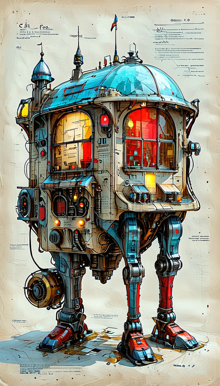 (cel-shading:2)+, (in ARTIST style:1.6), (masterpiece:1.7), night, glow neon, hyperrealism, glossy, shinny, clear image, accurate picture, clear picture, precise image, focused image, 
An illustrated medieval old worn page of (Traction City, science fiction, standing, Walking vehicle, red paint), made with ingredients including: (mechanical legs, antenna, parts, wires), text is Old English and Gothic, parchment page, intricate details, muted colors, high resolution, best quality, fantasy vibe (ultra sharp focus:2), (detailed windows:2), (thin lines:2), (best quality:1.8),
<lora:MJ52:0.8> <lora:ParchartXL_CODA:1>,
<lora:add-detail-xl:1> (ultra sharp focus:1.8), (detailed skin:1.8), (thin lines:1.8), (best quality:1.8),
<lora:Apparatus_-_Traction_City_Walkers_Vehicles:0.7>, <lora:Someplastic_b:0.6>,
<lora:glowneon_xl_v1:0.6>