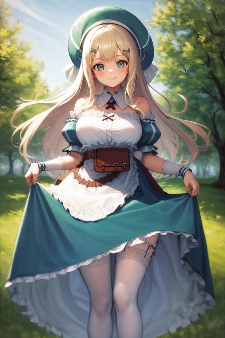 masterpiece, best quality, highres, 1girl yomi, hat dress apron <lora:yomi:1> smile, standing, skirt lift, outdoors