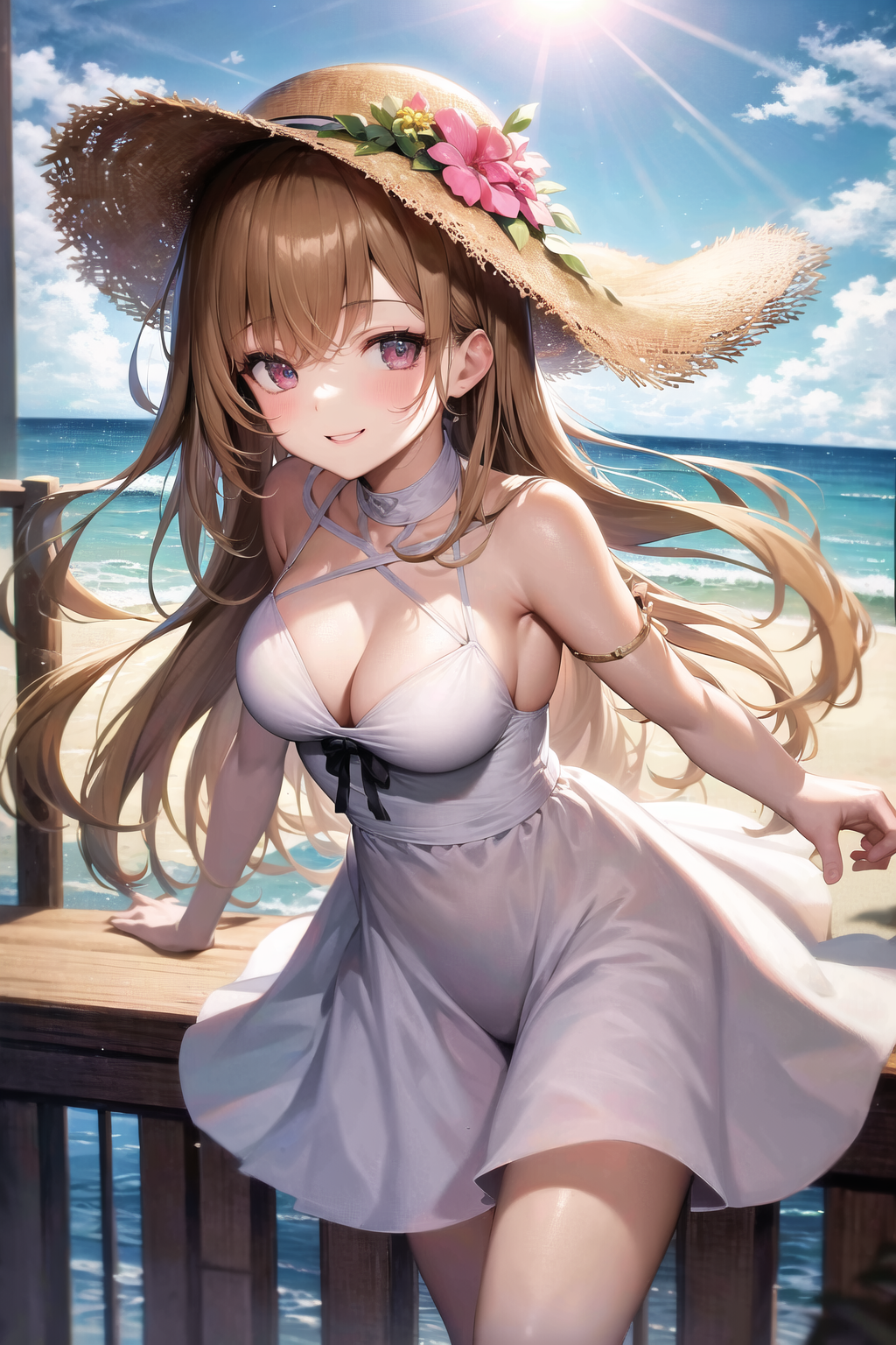 absurdres, 1girl, ocean, railing, white dress, sun hat, smile,