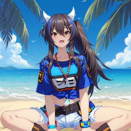 dai-heri,1girl ,beach,sunlight,masterpiece,fang,blue shirt,jewelry,tied shirt,short sleeves,blacelet,white shorts, necklace,nail polish,looking at viewer,belt,boots,sitting,<lora:daiheri02v9:0.8>