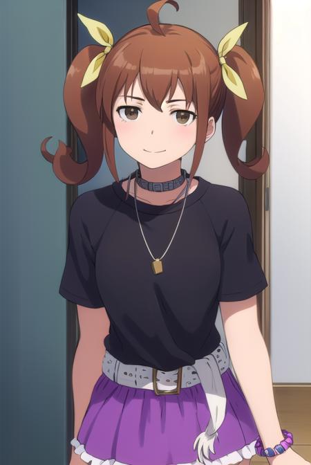 kanaokurusu, <lora:kanao kurusu s2-lora-nochekaiser:1>,
kanao kurusu, brown hair, ribbon, twintails, (brown eyes:1.5), hair ribbon, ahoge, smile, grin,
BREAK jewelry, necklace, collar, bracelet, shirt, black shirt, belt, skirt, purple skirt,
BREAK indoors,
BREAK looking at viewer, (cowboy shot:1.5),
BREAK <lyco:GoodHands-beta2:1>, (masterpiece:1.2), best quality, high resolution, unity 8k wallpaper, (illustration:0.8), (beautiful detailed eyes:1.6), extremely detailed face, perfect lighting, extremely detailed CG, (perfect hands, perfect anatomy),