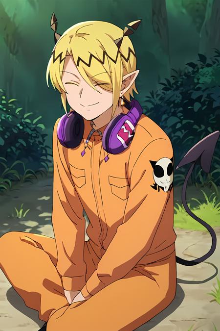 Shax Lied,blonde hair, purple eyes,earring,pointy ears, horns, hair over one eye, demon tail, Shax Lied,blonde hair, closed eyes,earring,pointy ears, horns, hair over one eye, demon tail, purple nail, Fangs